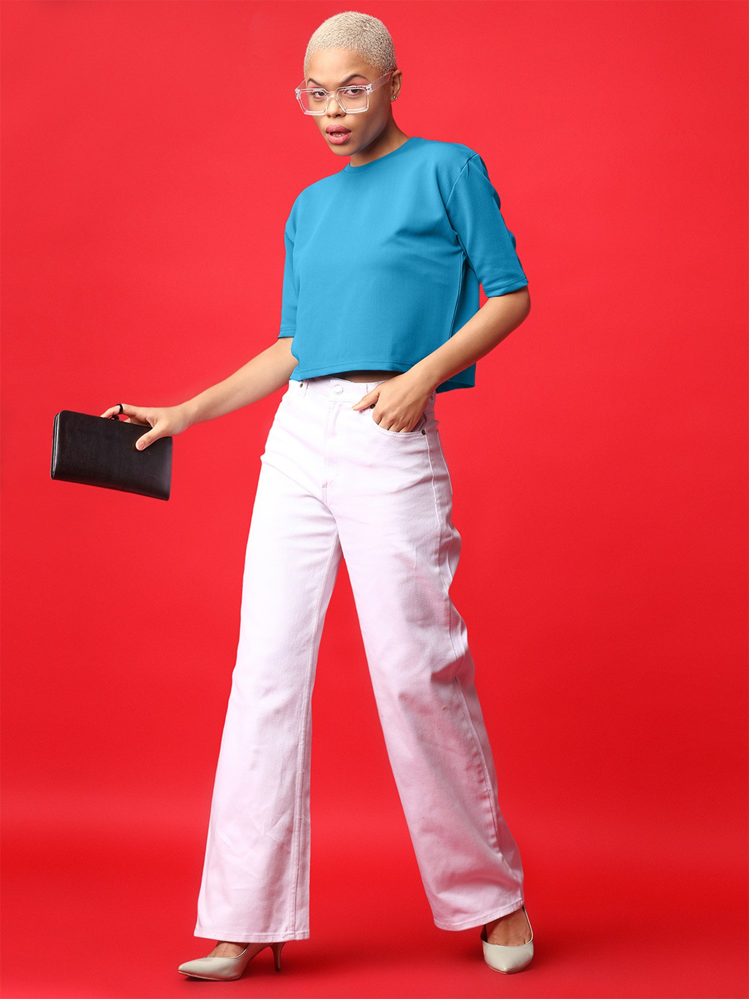 PURVAJA Teal Regular Fit Crop Top