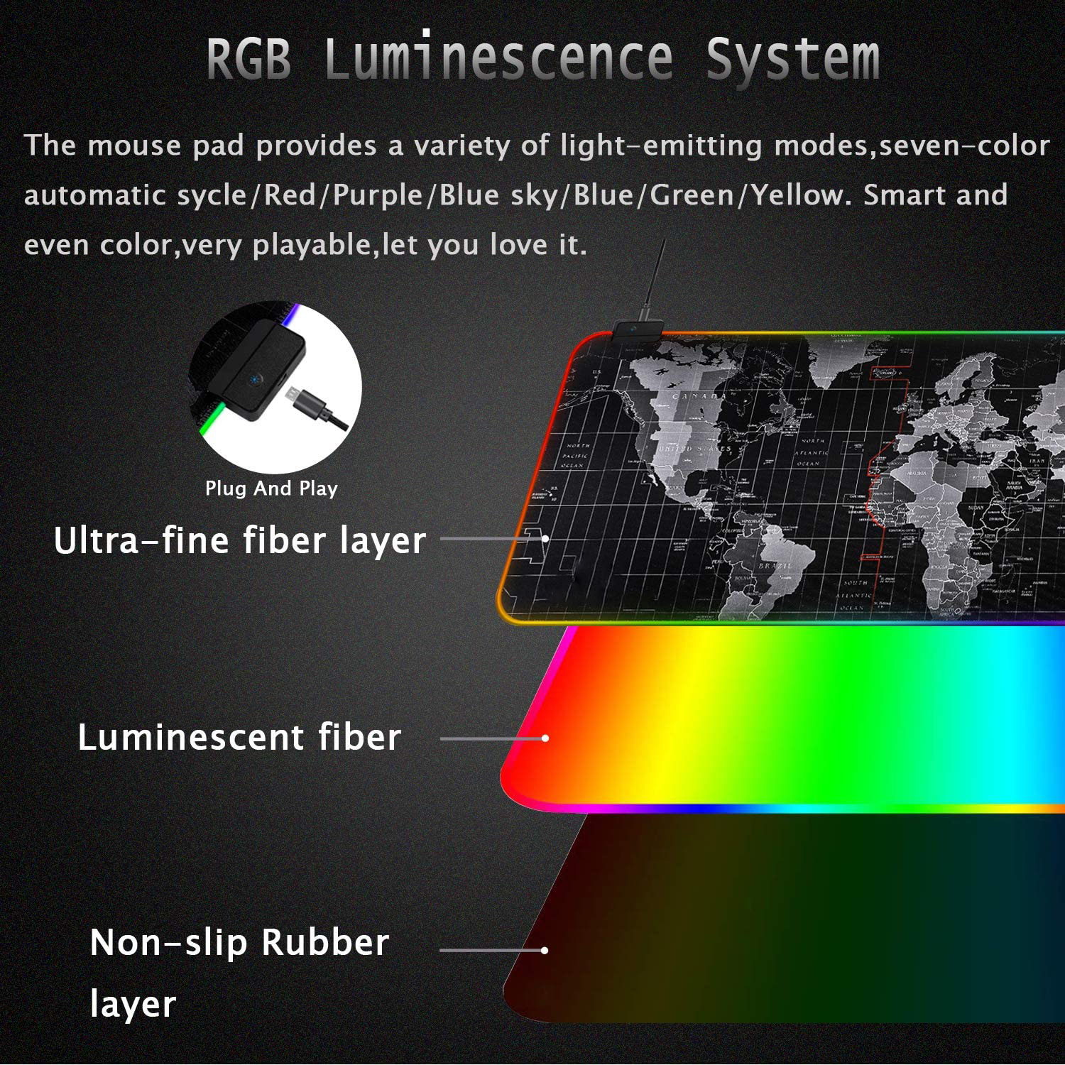 RGB Gaming Mouse Pad - Large Led Keyboard Pad, Mouse Mat with HD Map, Smoothly Waterproof Surface, Non-Slip Rubber Base, 31.5"X 11.8" & 14 Light Modes
