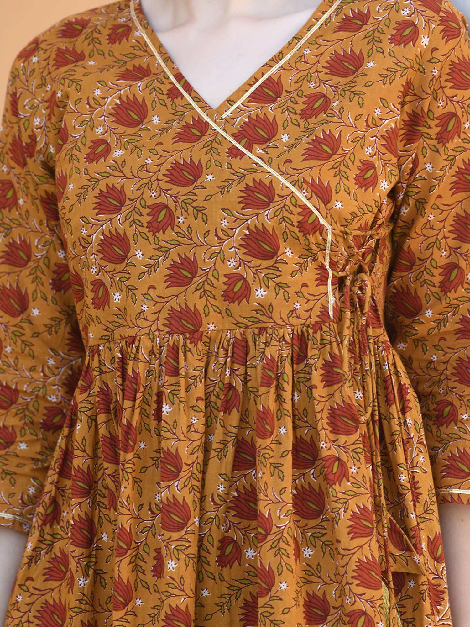 DECKEDUP Mustard Cotton Printed Midi Dress