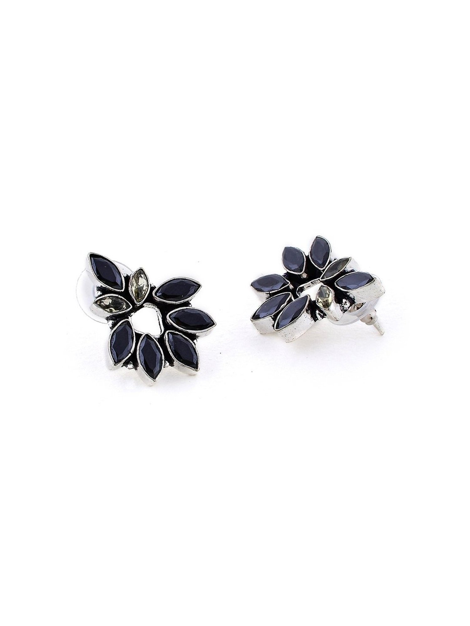 Imli Street Black Silver Tone Stone-Studded Handcrafted Stud Earrings