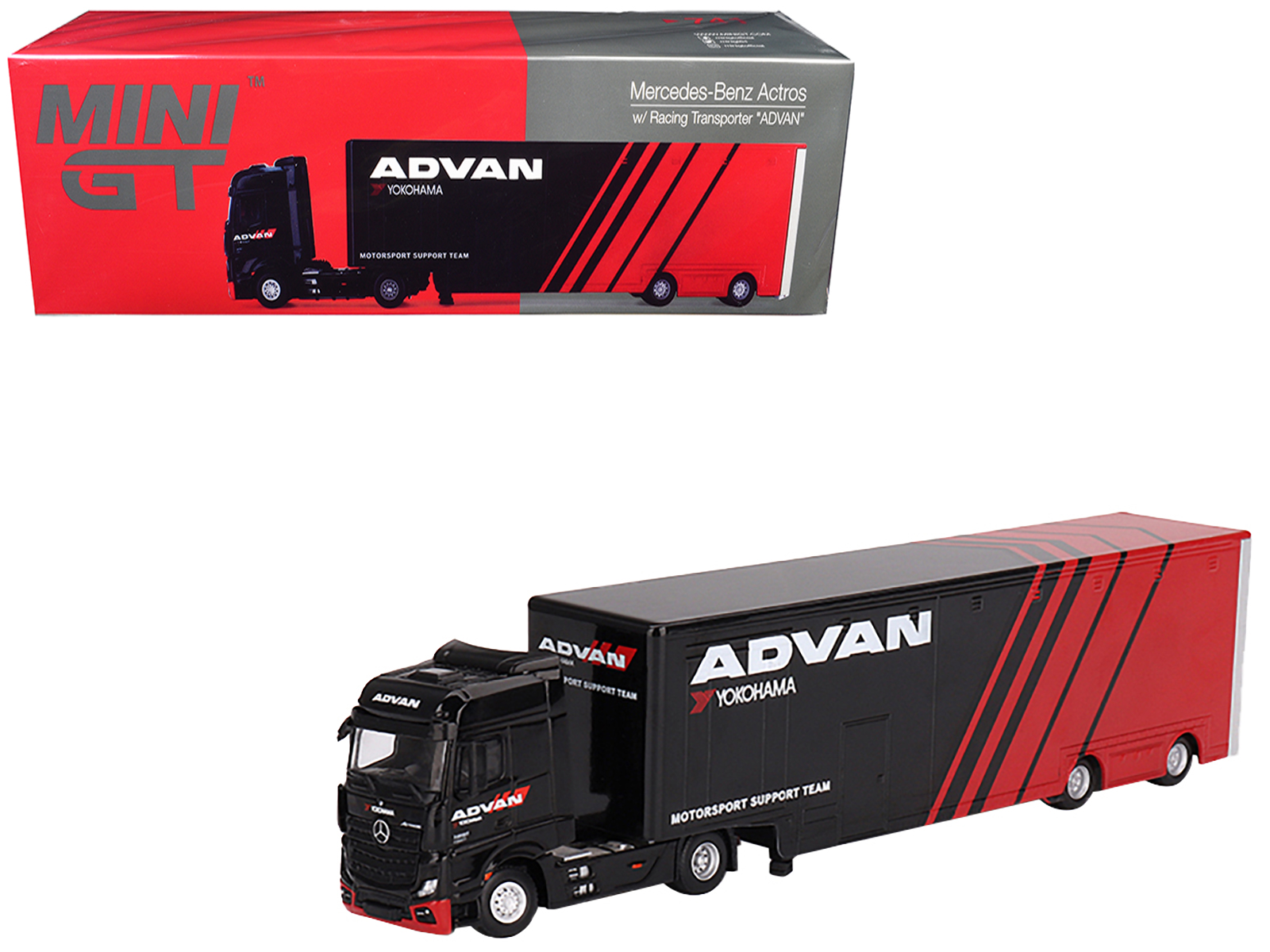 Mercedes-Benz Actros with Racing Transporter Red and Black "ADVAN" 1/64 Diecast Model Car by Mini GT