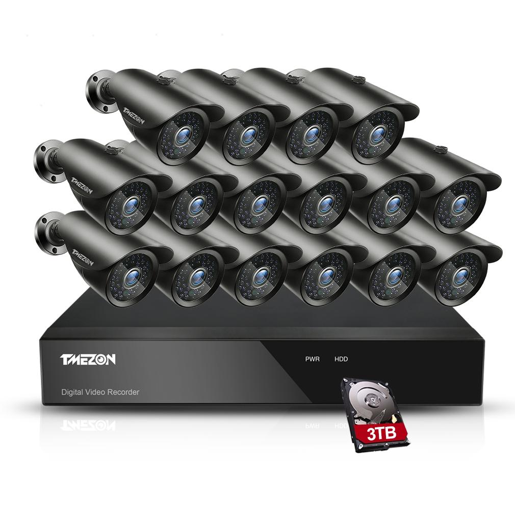 TMEZON 1080P CCTV Camera System 16CH 1080N Lite Surveillance DVR Video Recorder, 16x HD 1920TVL 2.0MP  Indoor Outdoor IR Night IP66 Weatherproof Security System with 3TB HDD