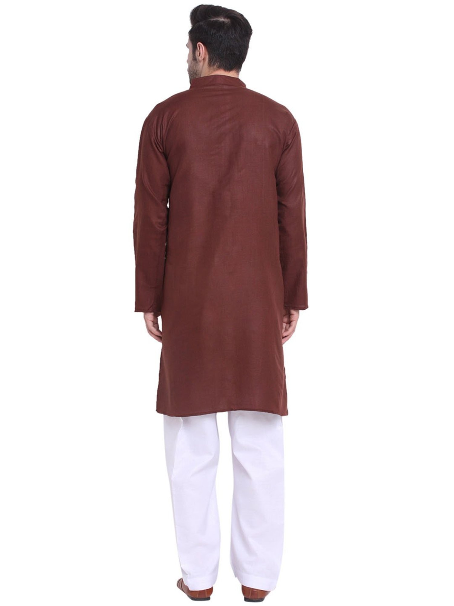 Benstoke Brown & White Regular Fit Angrakha Kurta & Pyjamas Set