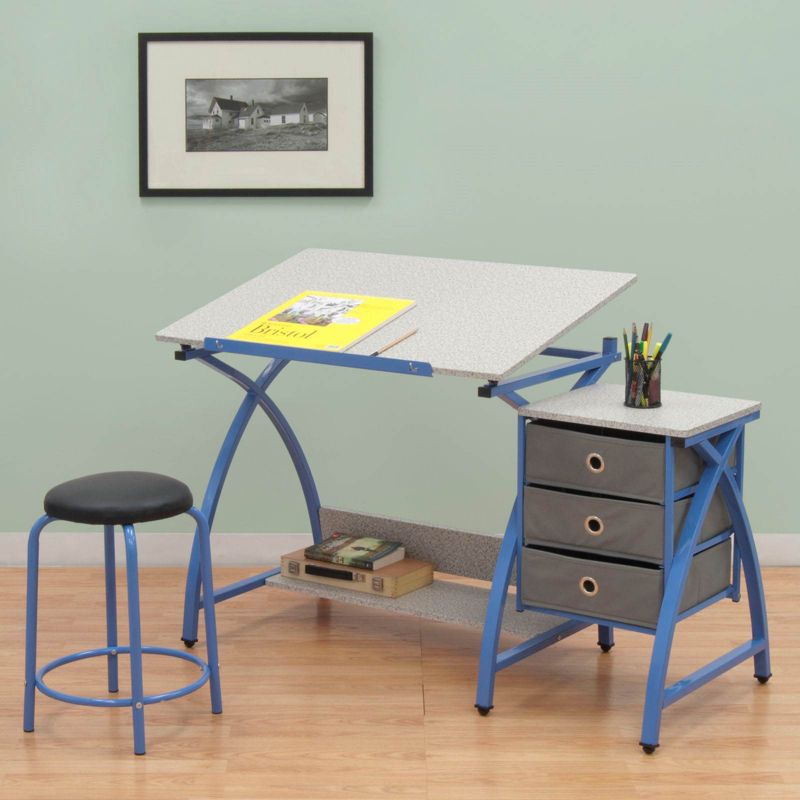 Studio Designs Laminate Craft Table Comet Center w/ Stool, Blue & Splatter Gray