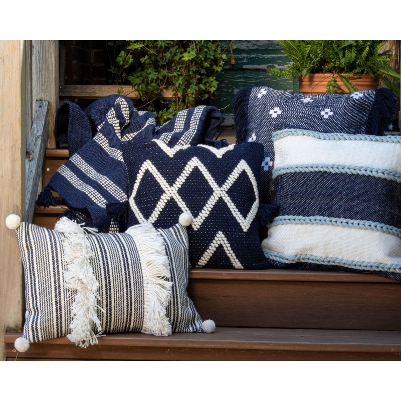 Blue Striped Hand Woven 14x22" Outdoor Decorative Throw Pillow with Hand Tied Tassels and Pom Poms - Foreside Home & Garden
