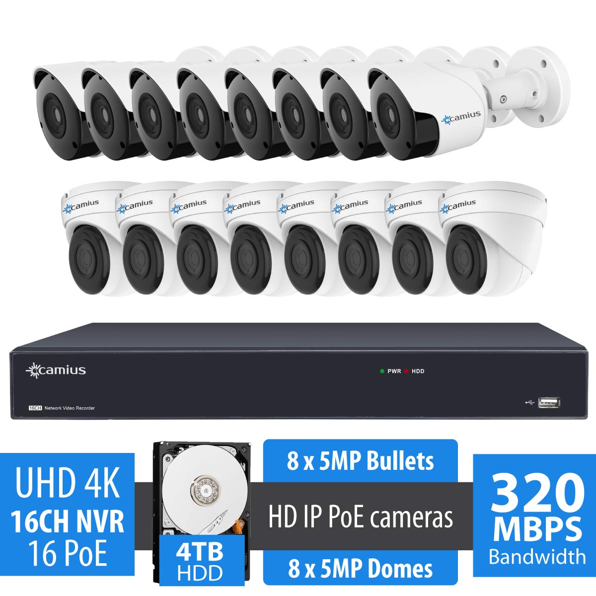 Camius 4K 16 Channel NVR with 4TB HDD,  16 5MP IP PoE Dome and Bullet Security Camera System with Audio, Night Vision, Free NVR software for Windows PC, Mac, Mobile App for iOS, Android I 16PP8B8I4T