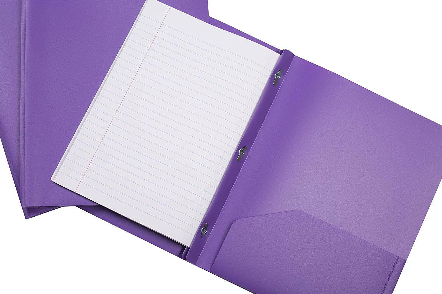 2 Pocket Plastic folders with 3 Prong Fasteners (Pack of 3) (Purple)