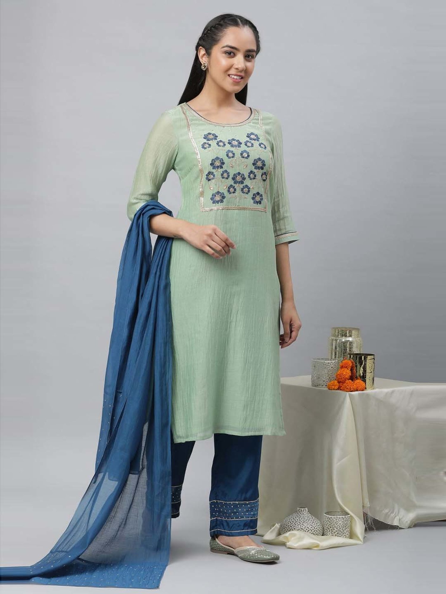Aurelia Green & Blue Embroidered Kurta Palazzo Set With Dupatta