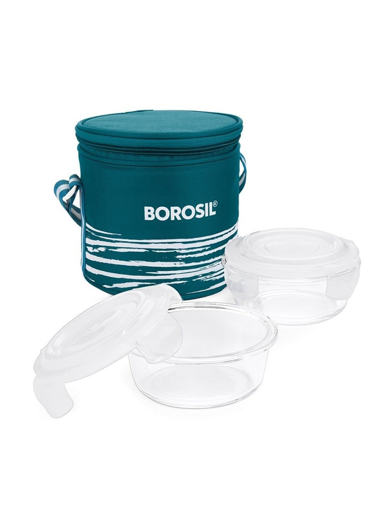 Borosil Steller Daisy Glass Lunch Box with Bag (Teal, 400 ml)