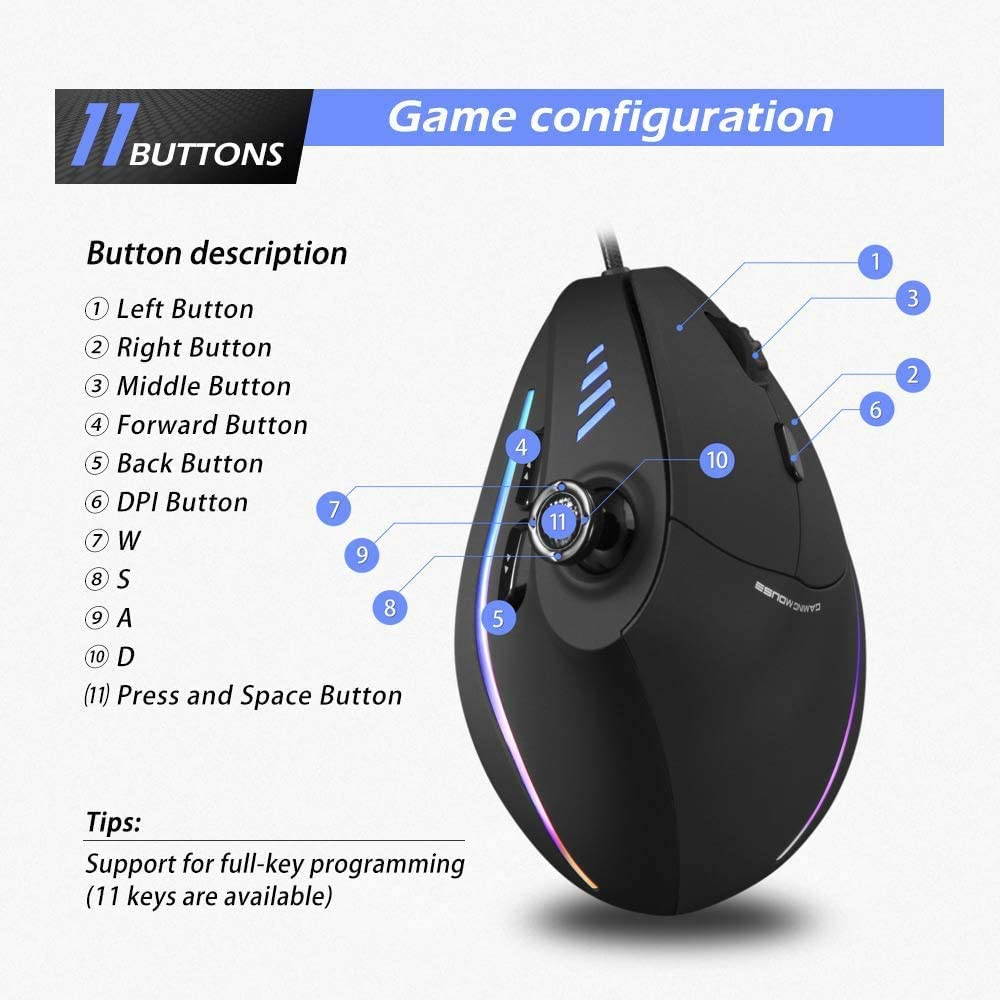 Ergonomic Vertical Mouse, RGB Wired Gaming Mouse with Joystick, 11 Programmable Buttons, 5 Adjustable DPI(1500-2500-4000-7000-10000) for PC, Desktop, Laptop