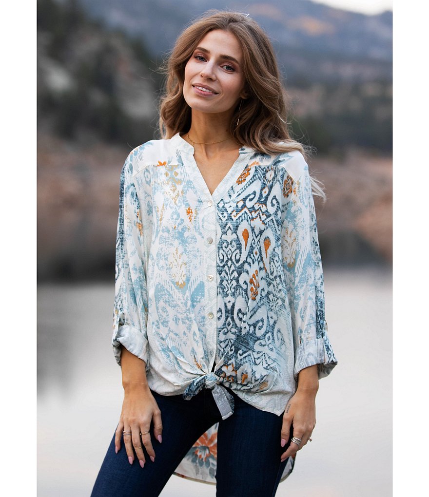 Figueroa & Flower Roxy Faded Print Roll-Tab Sleeve Tie Button Front Top