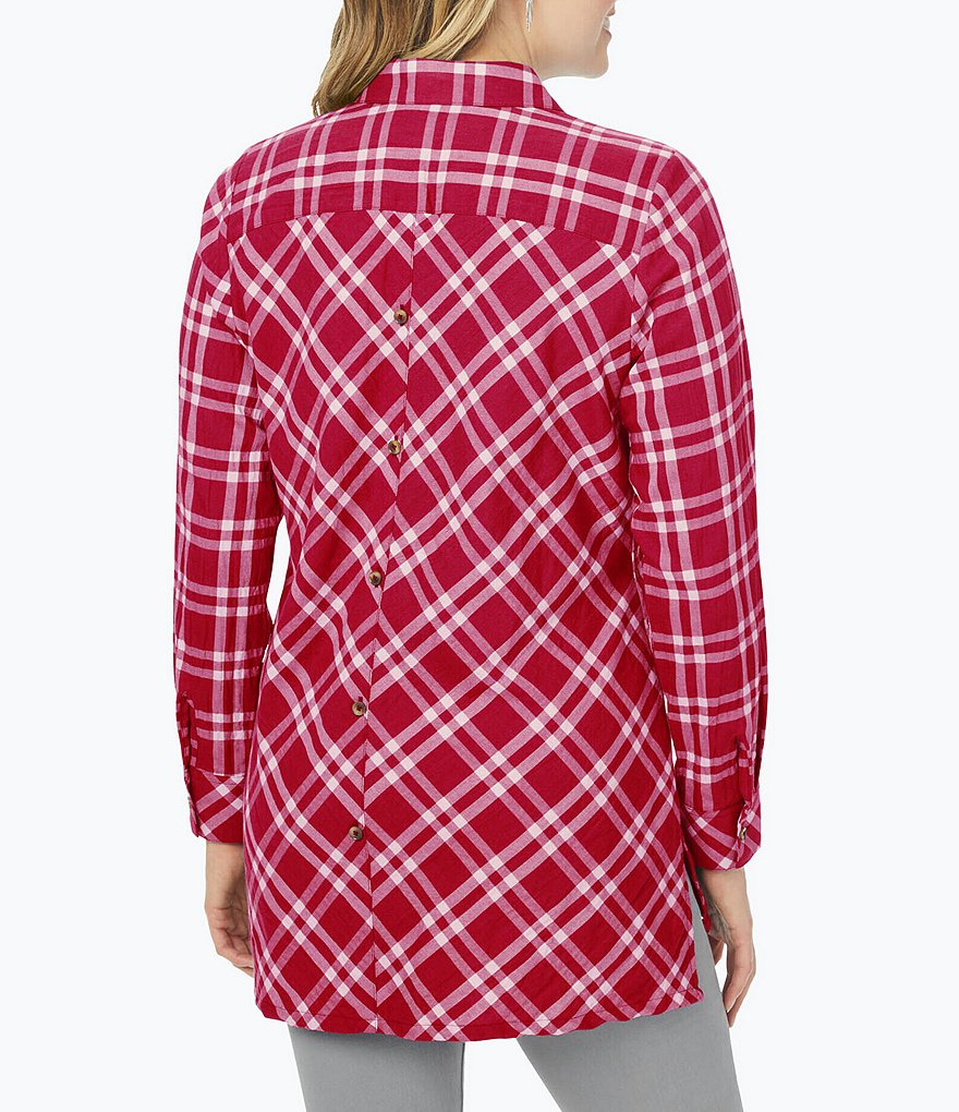 Foxcroft Plus Size Santino Plaid Print Pucker Woven Long Sleeve Button Down Point Collar Tunic