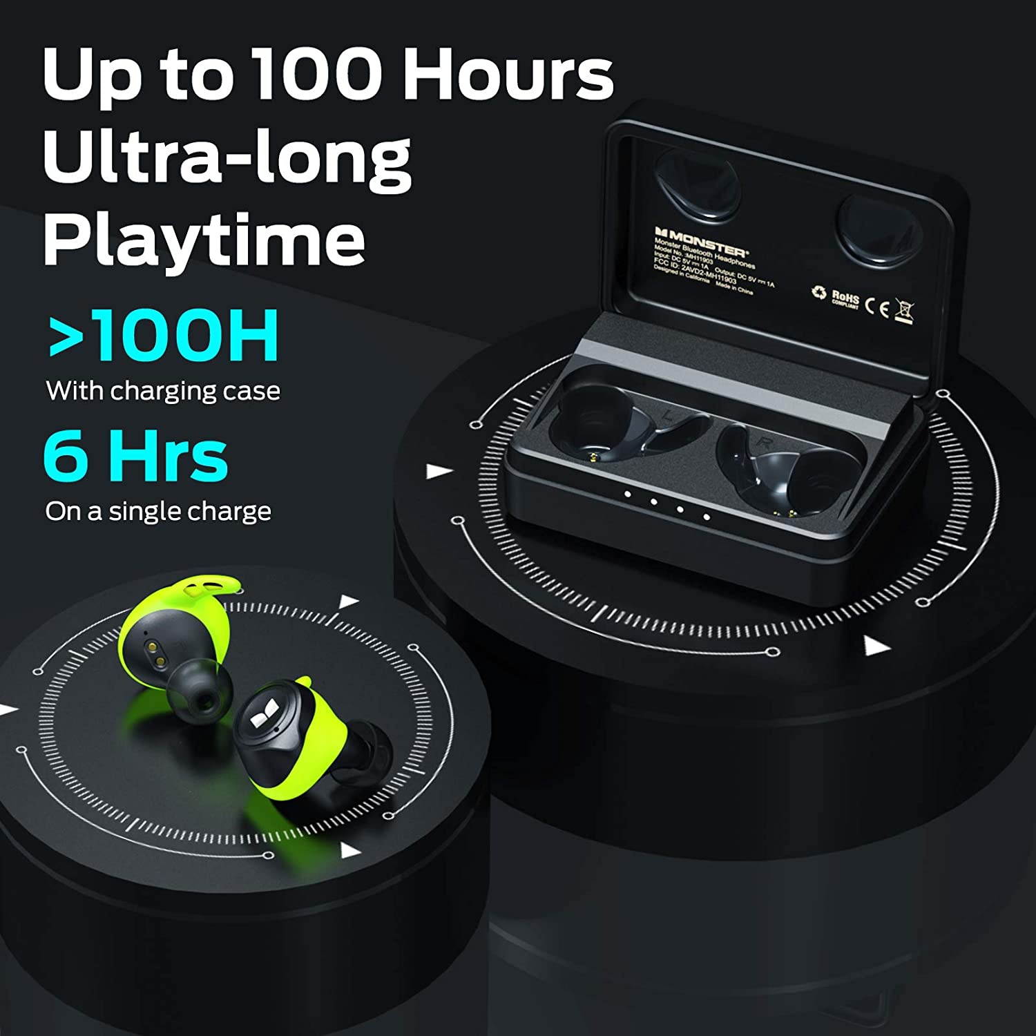 Monster Isport Champion True Wireless Earbuds,Bluetooth 5.0 Headphones with aptX Deep Bass,CVC 8.0 Noise Cancellation, IPX8 Waterproof,Type C Quick Charge Earphones for iPhones and Android