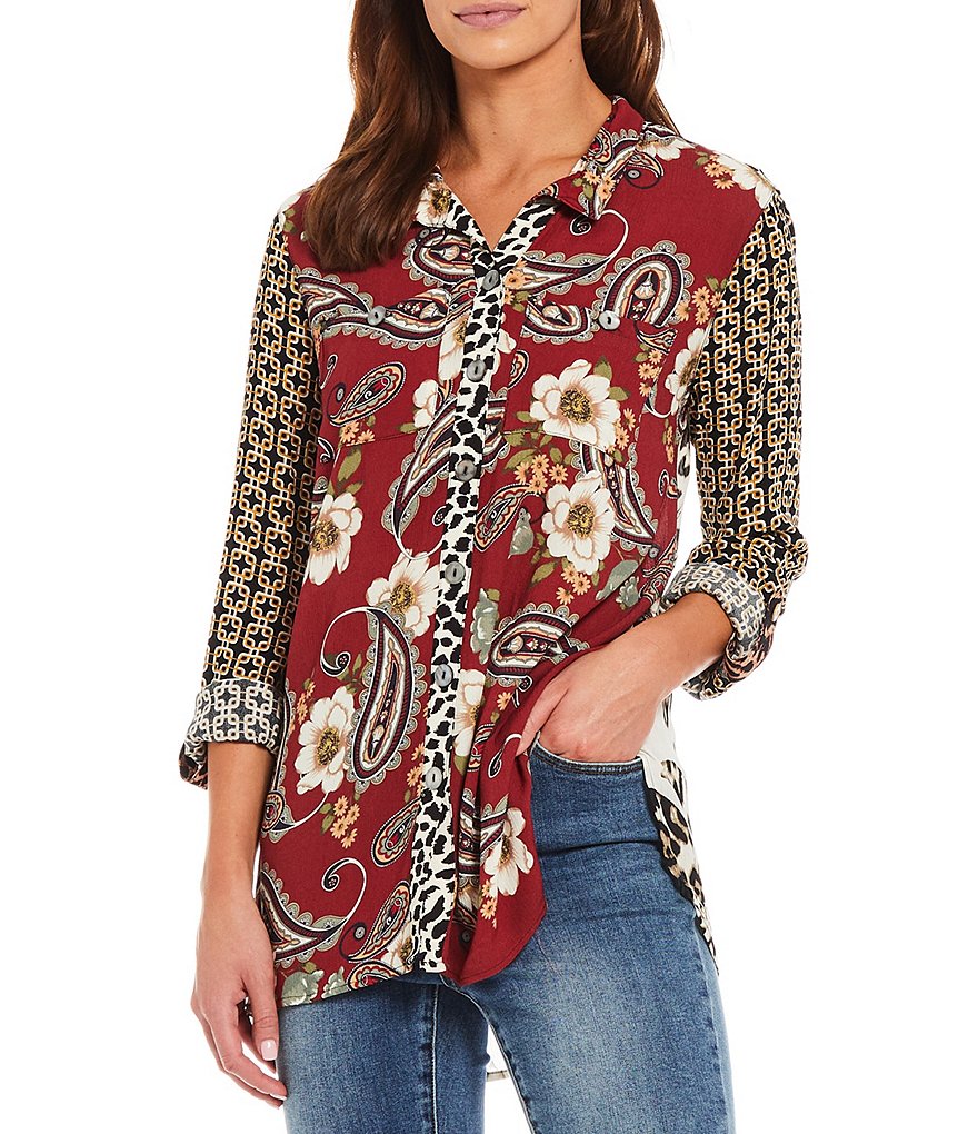John Mark Mixed Print Button Front & Back Wire Neck Long Sleeve Tunic