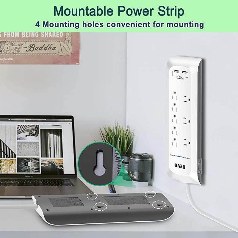 Protector Power Strip with USB, Mountable Power Strip with 2 USB Ports and 8 Outlets, 6 FT Long Extension Cord, 1875W/ 15A, 900 Joules, Circuit Breaker Safeguard Home& Office Accessories- White