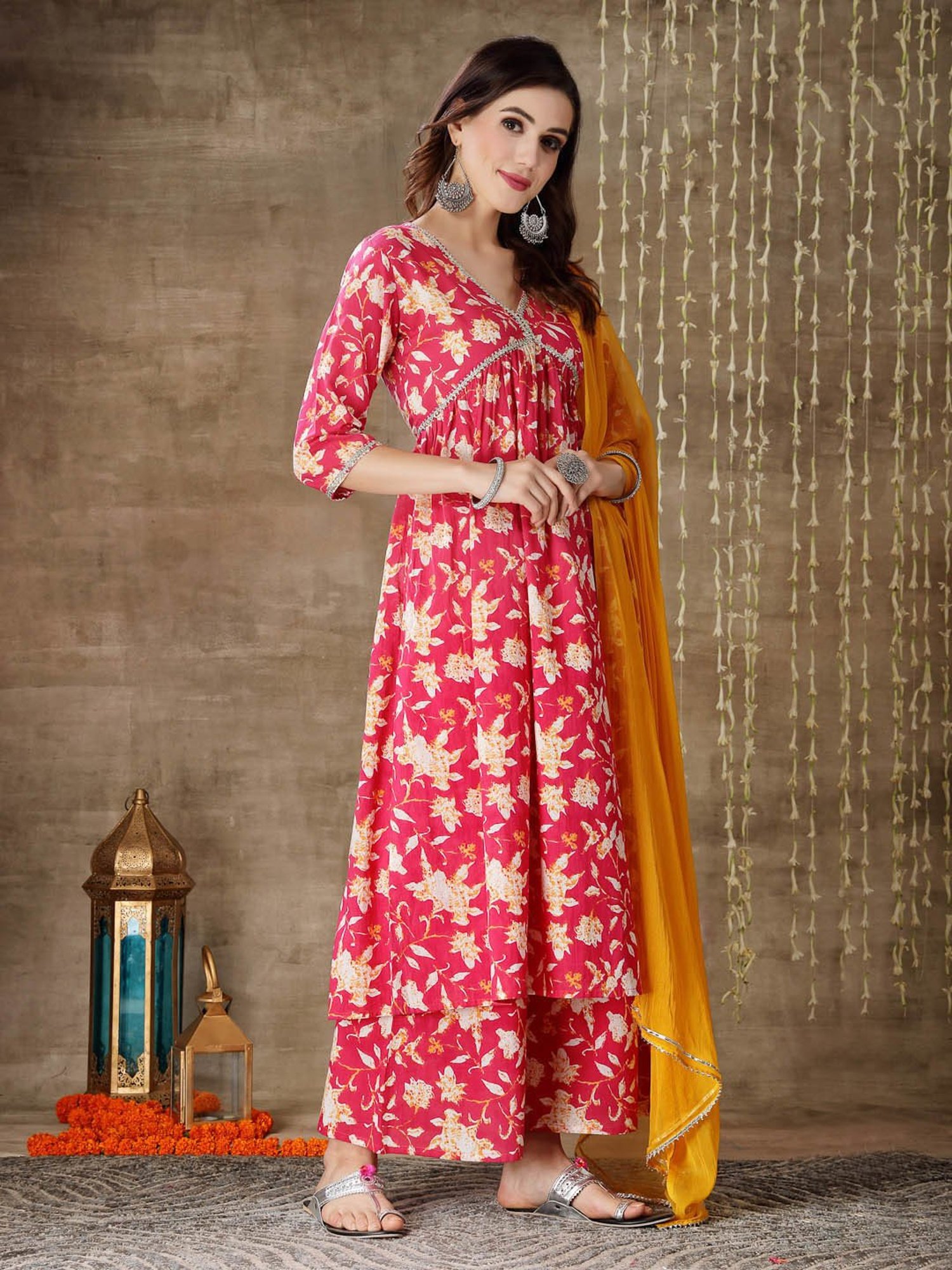Stylum Pink Cotton Floral Print Kurta With Palazzo & Dupatta