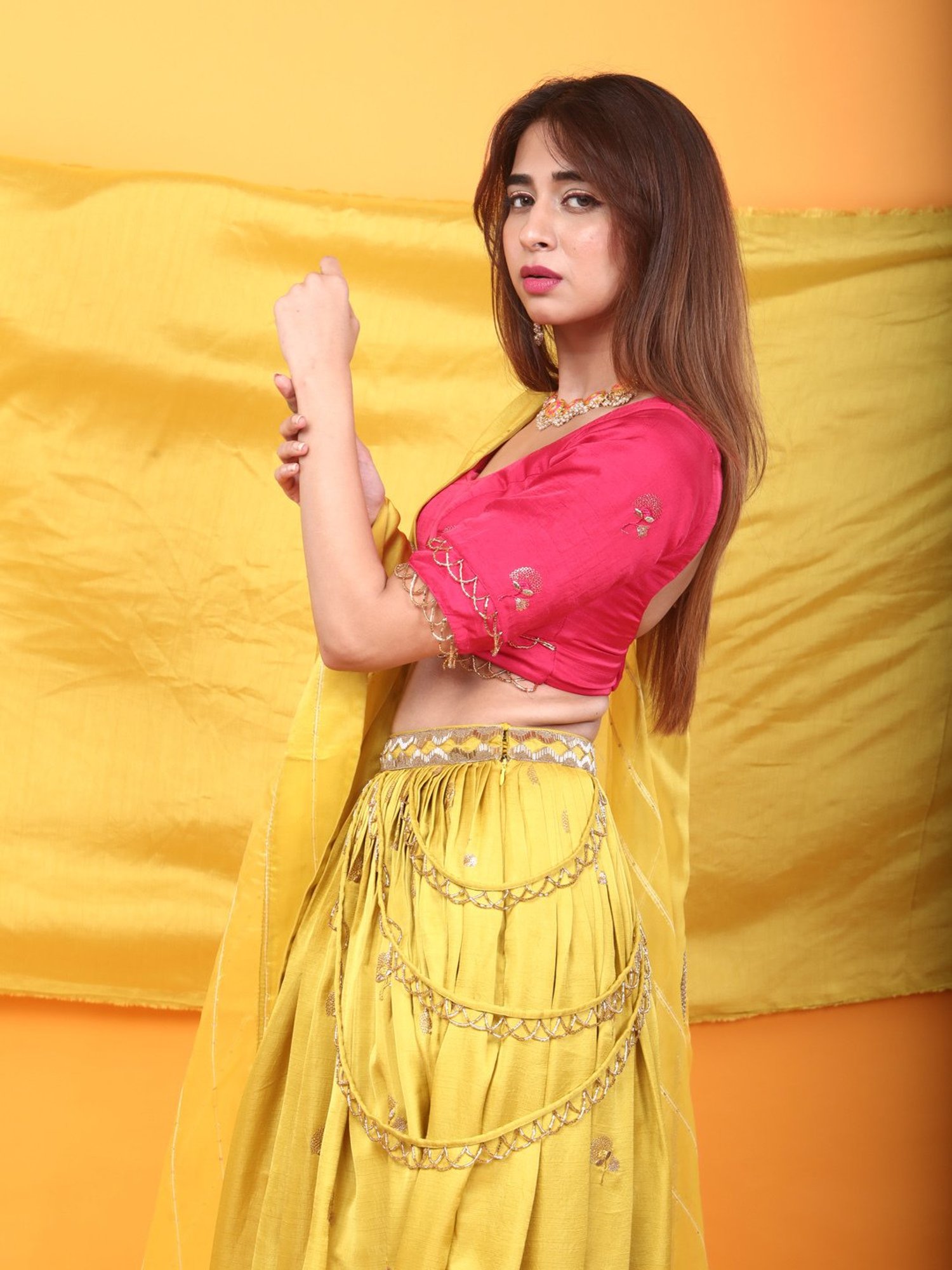 Monk & Mei Gulkari Lehenga and Blouse Set-Fuchsia Pink & Canary Yellow