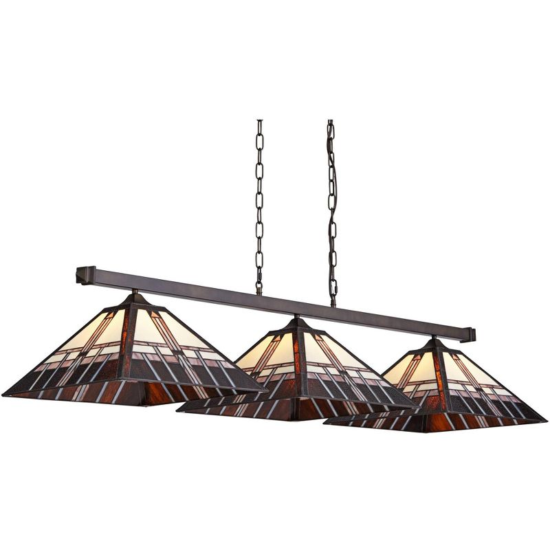 Robert Louis Tiffany Bronze Linear Island Pendant Chandelier 56" Wide Tiffany Style Alfred Geometric Glass 3-Light Fixture Kitchen