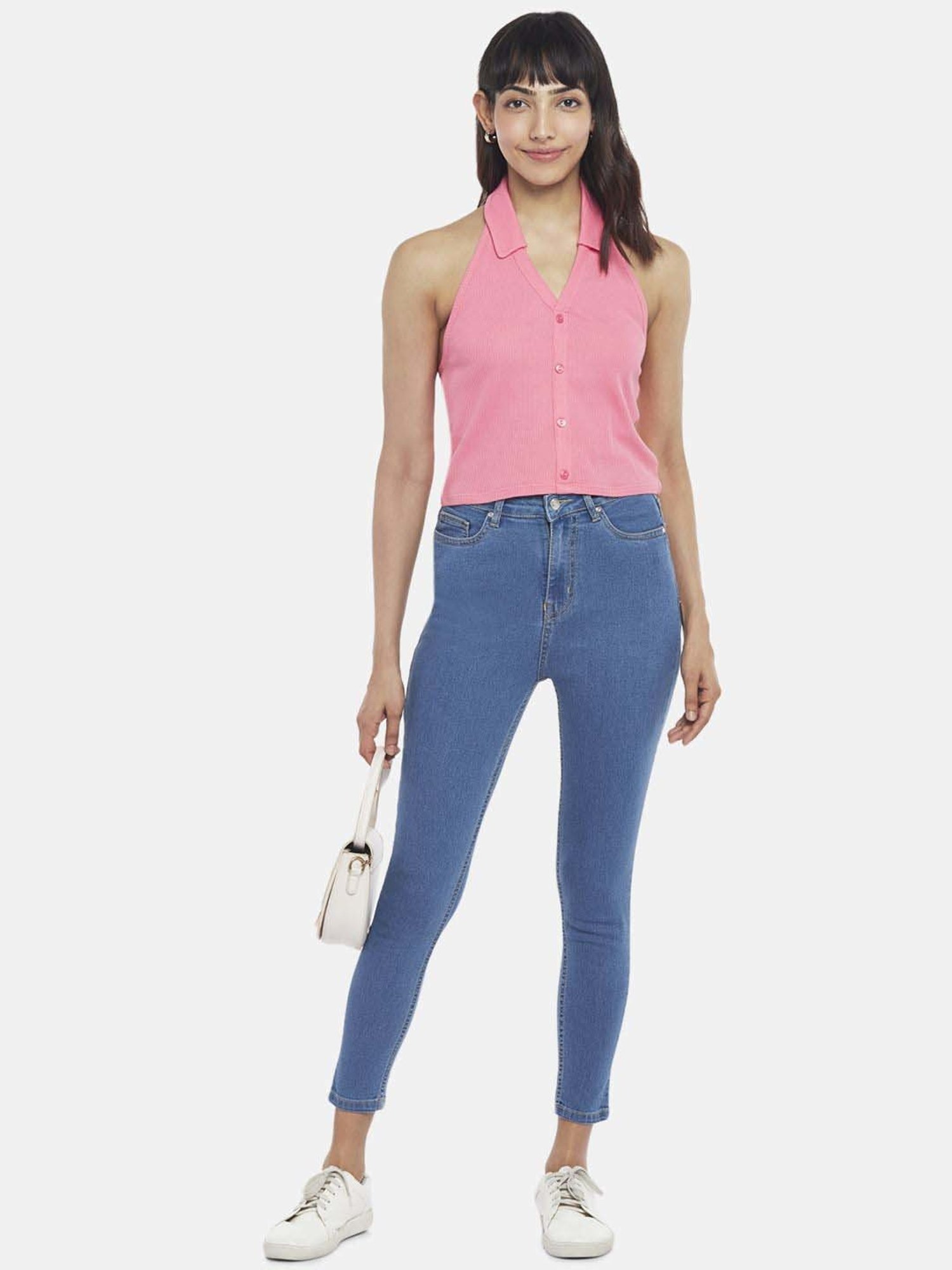 People by Pantaloons Pink Cotton Self Pattern Top