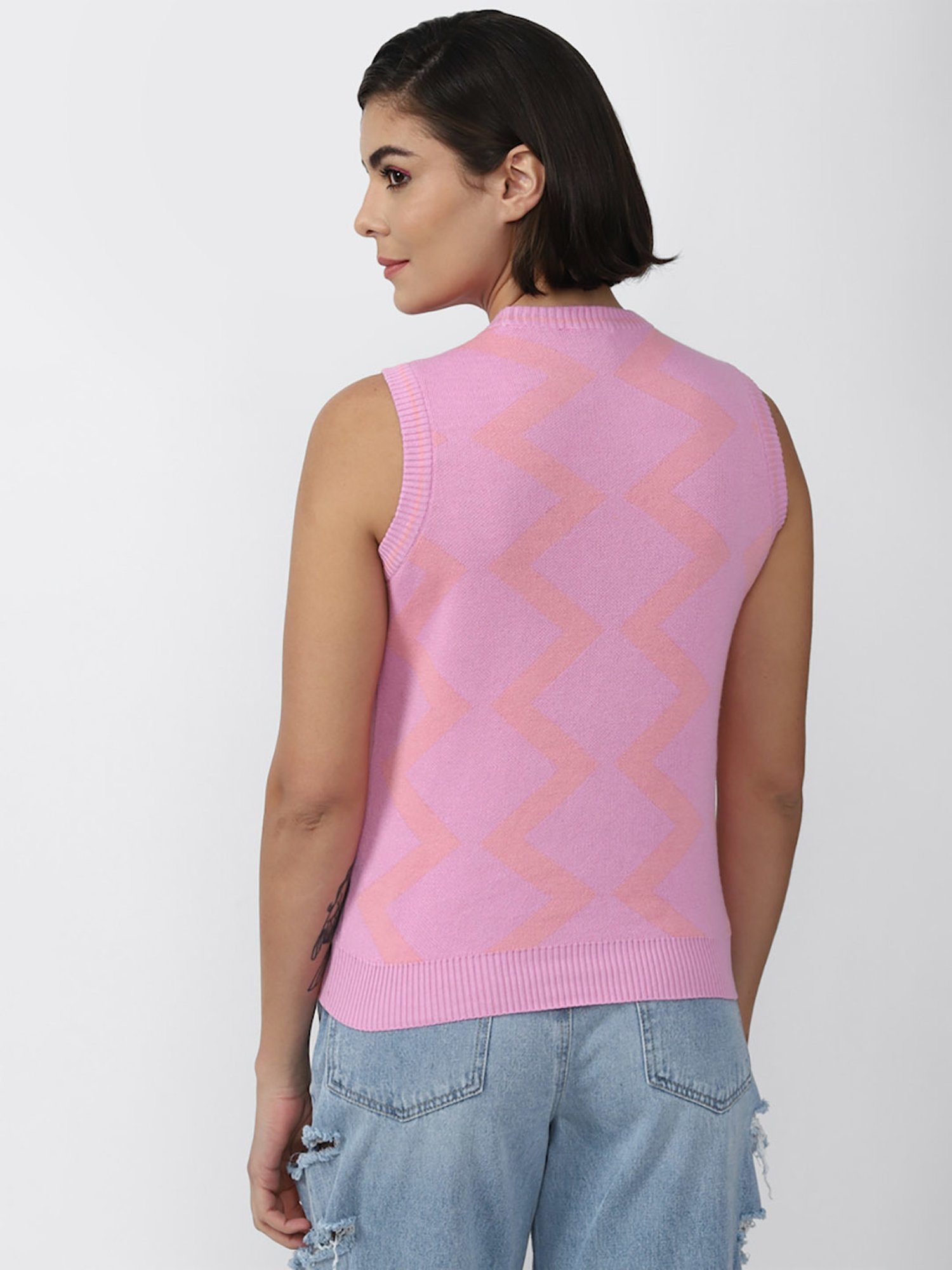 Forever 21 Pink Cotton Geometric Print Sweater Vest