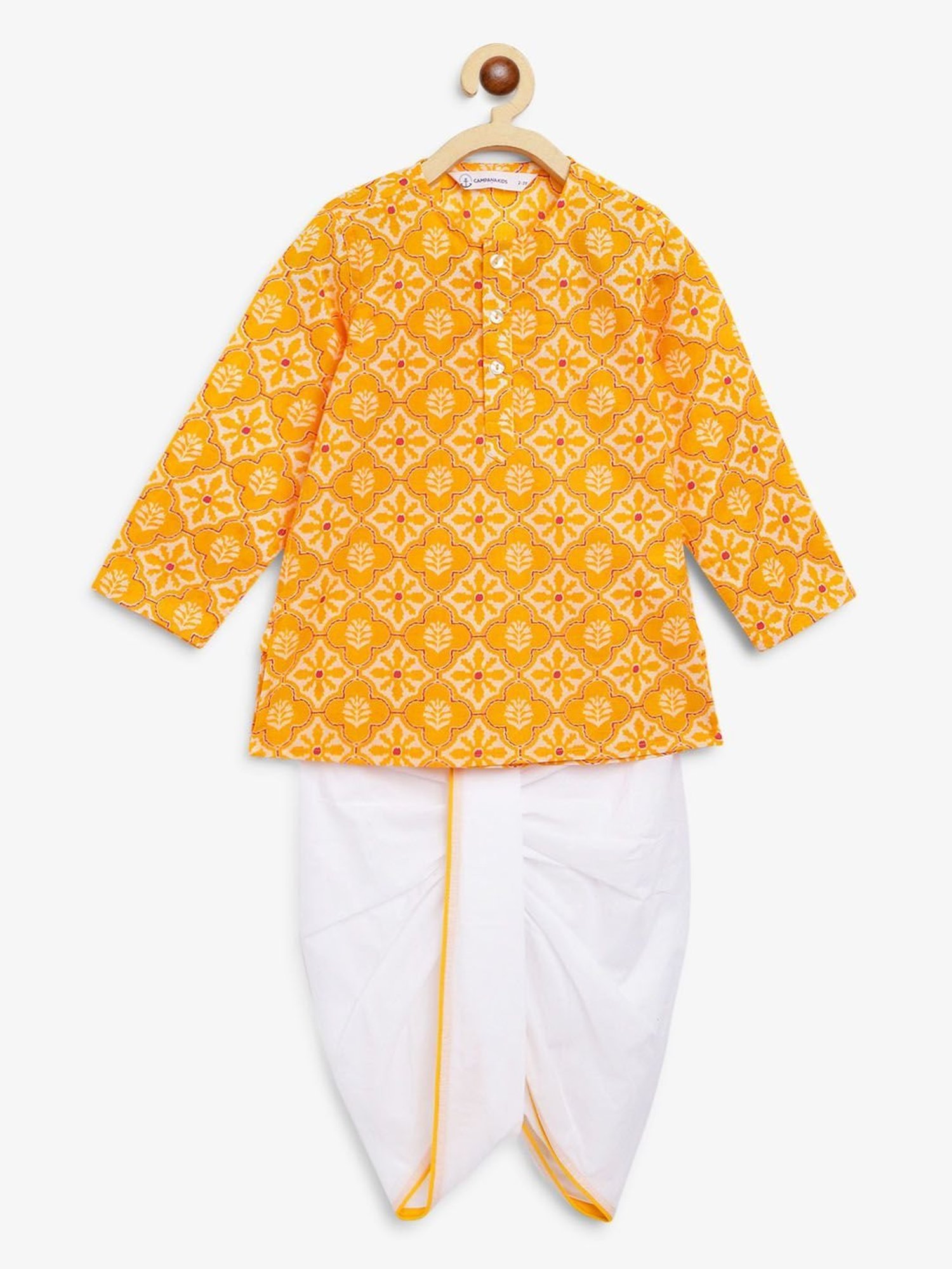 Campana Kids Mustard & Off White Printed Full Sleeves Kurta with Dhoti