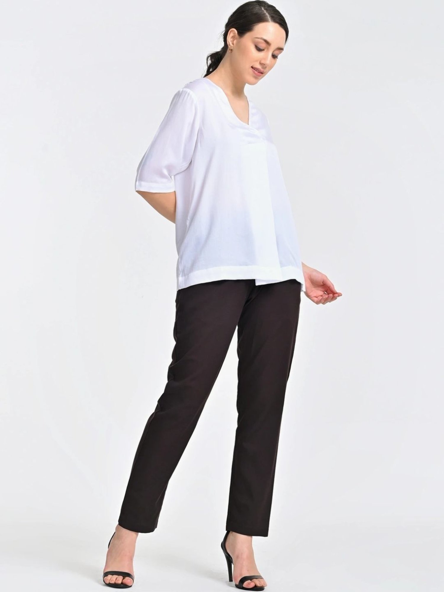 Saltpetre Cream Front Pleat Top With Brown Trousers Co-ords Set