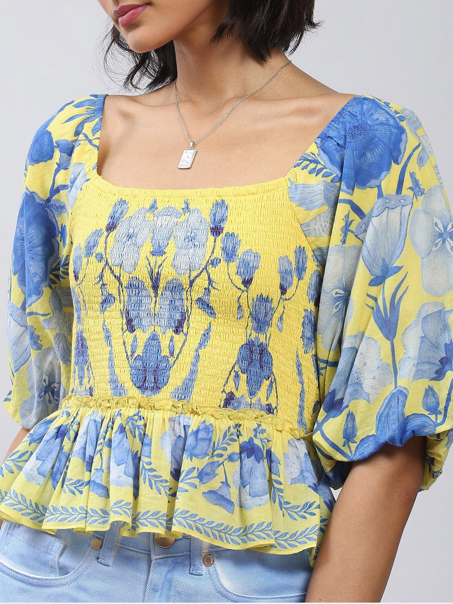 Label Ritu Kumar Yellow Floral Print Peplum Top