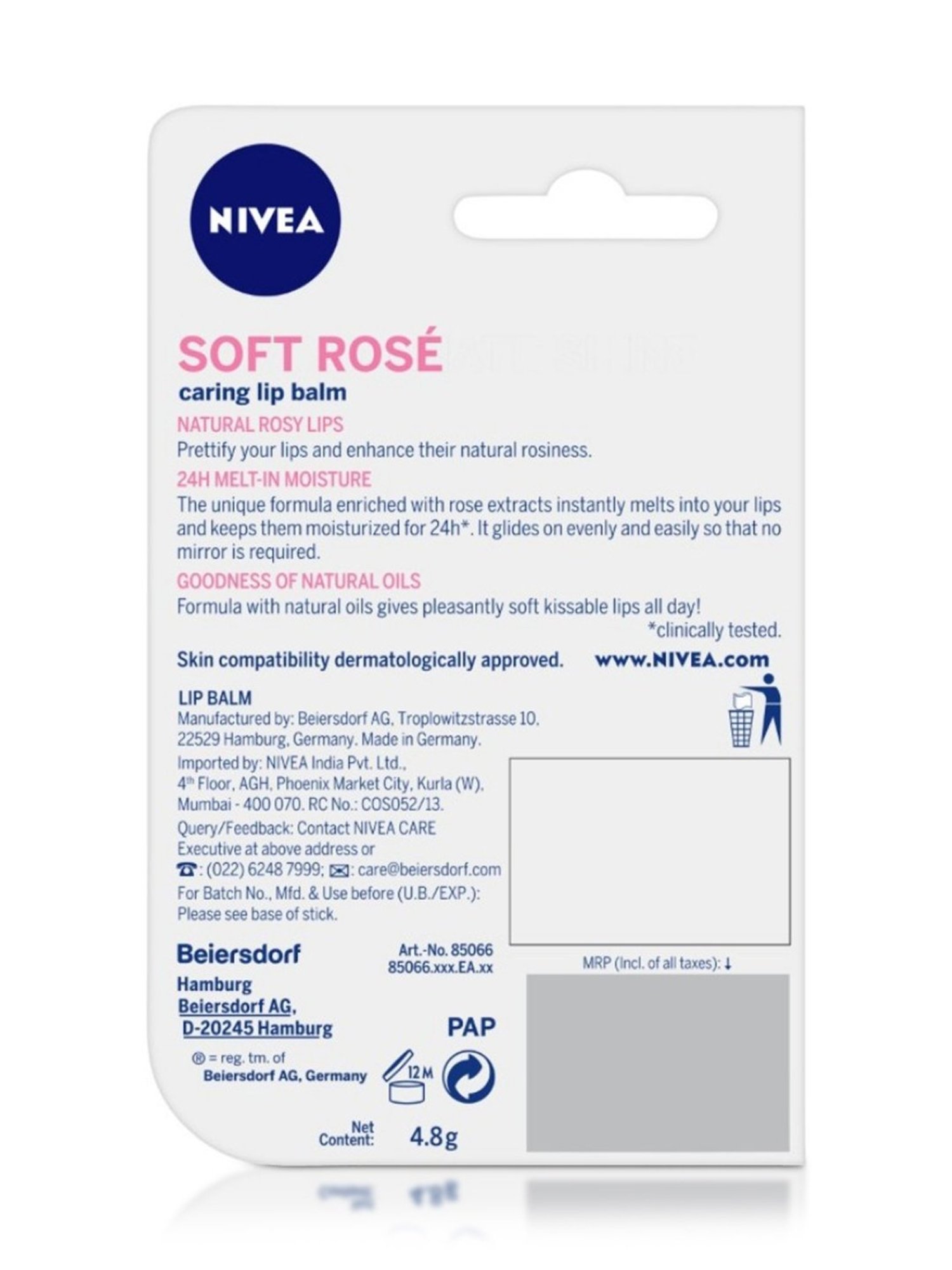 Nivea 24H Moisture Women Lip Balm Soft Rose - 4.8 gm