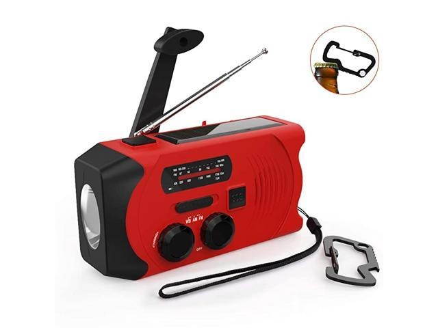 Version] Emergency Weather Radios SOS Alarm AM/FM NOAA Radio Hand Crank Self Powered LED Flashlight 2000mAh Power Bank Red with Multifunctional Climbing Button Carabiner (Black Lanyard)