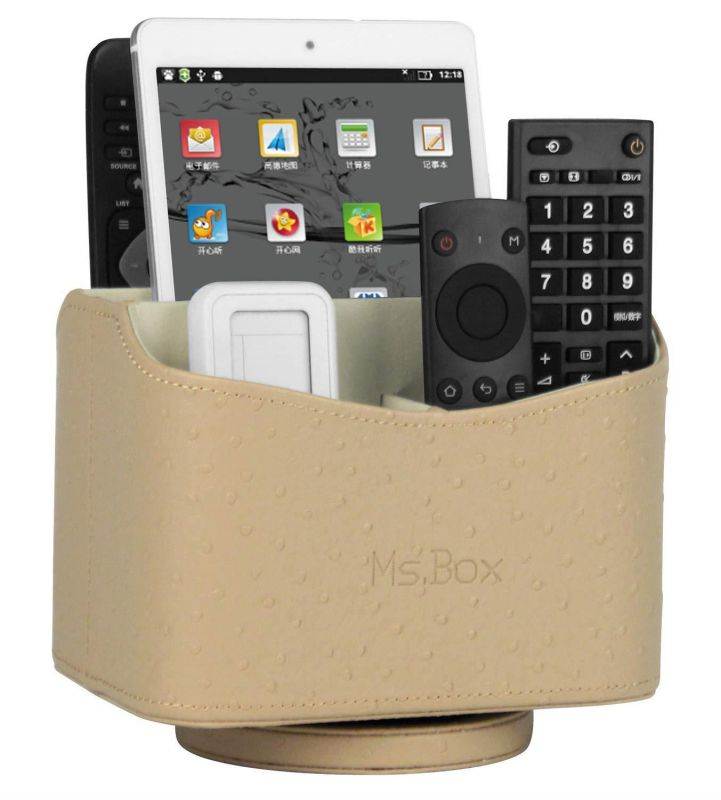 Ostrich PU leather Media Storage Spinning Remote Controller Holder, Remote Control Holder Organizer, Remote Caddy with Beautiful Defined Pattern, Makeup Brush Holder, Beige, 7.3x 5.5 x 6 inches