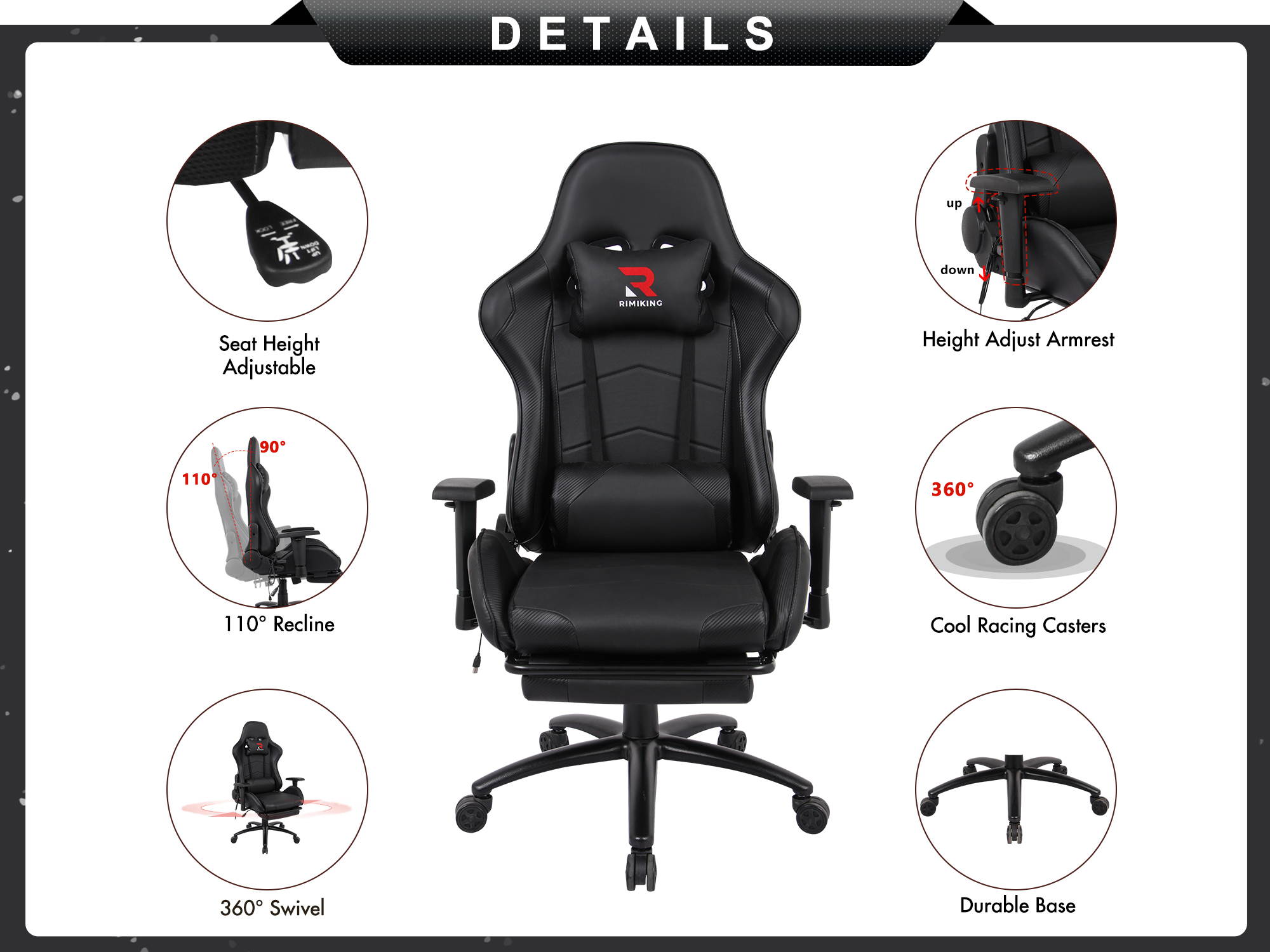 Massage Racing Chair with Retractable Footrest Gaming Chair - Computer Office Adjustable Lumbar Cushion Headrest Swivel Rocking Function Desk Chair 5 Colors