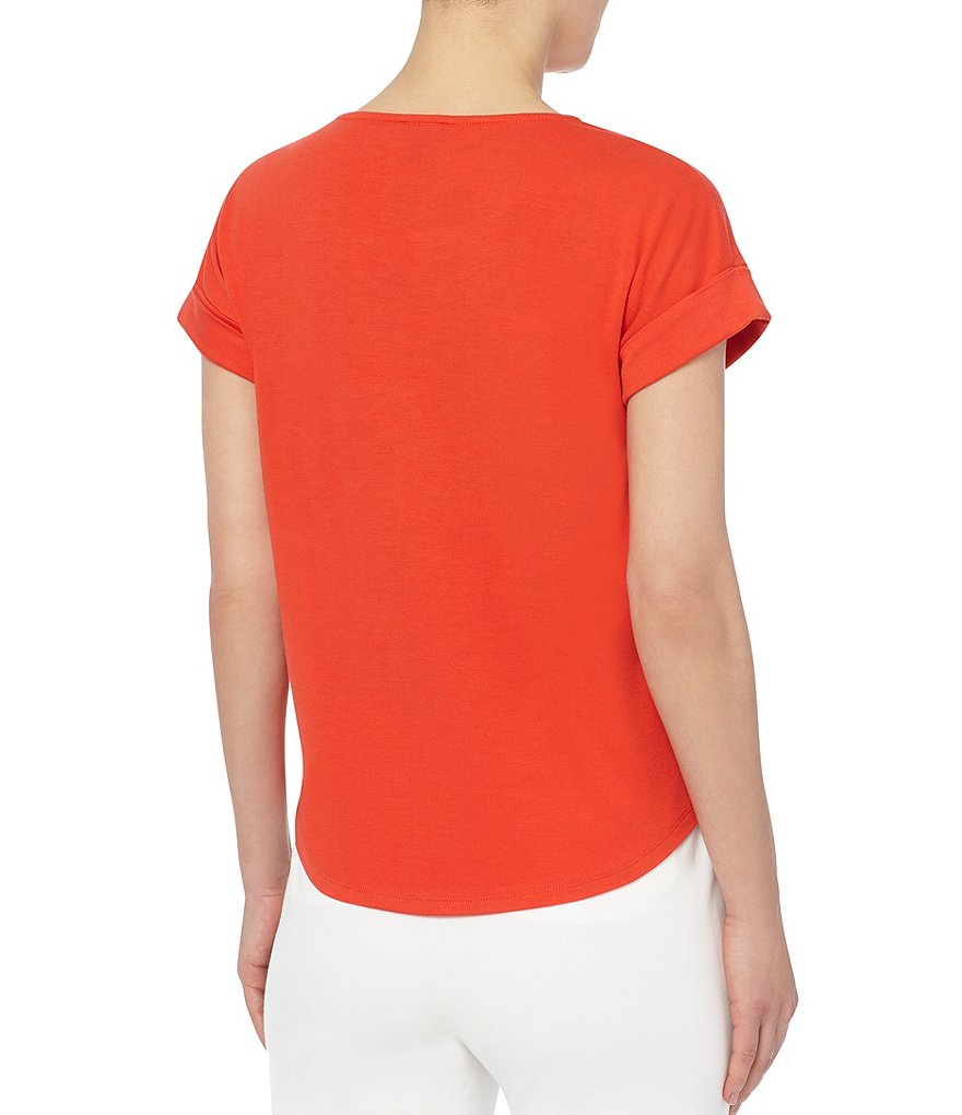 Jones New York Roll Cuff Short Sleeve Jewel Neck Knit T-shirt