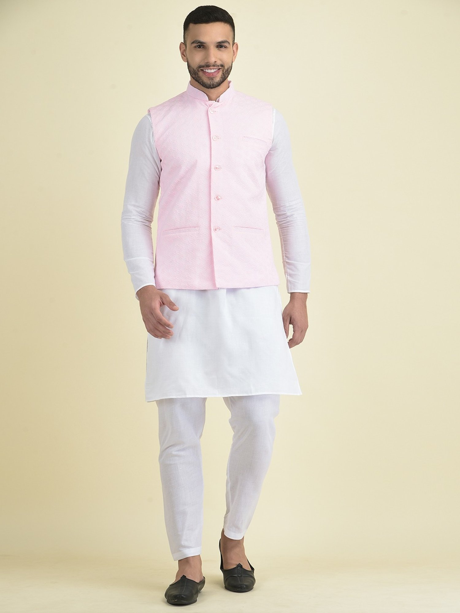 Deyann Pink & White Cotton Regular Fit Embroidered Kurta Set With Jacket