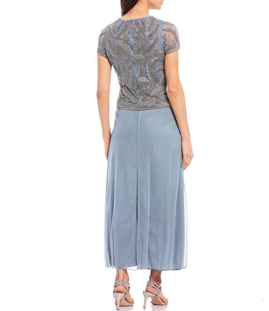 Pisarro Nights Illusion Neck Cap Sleeve Beaded Gown