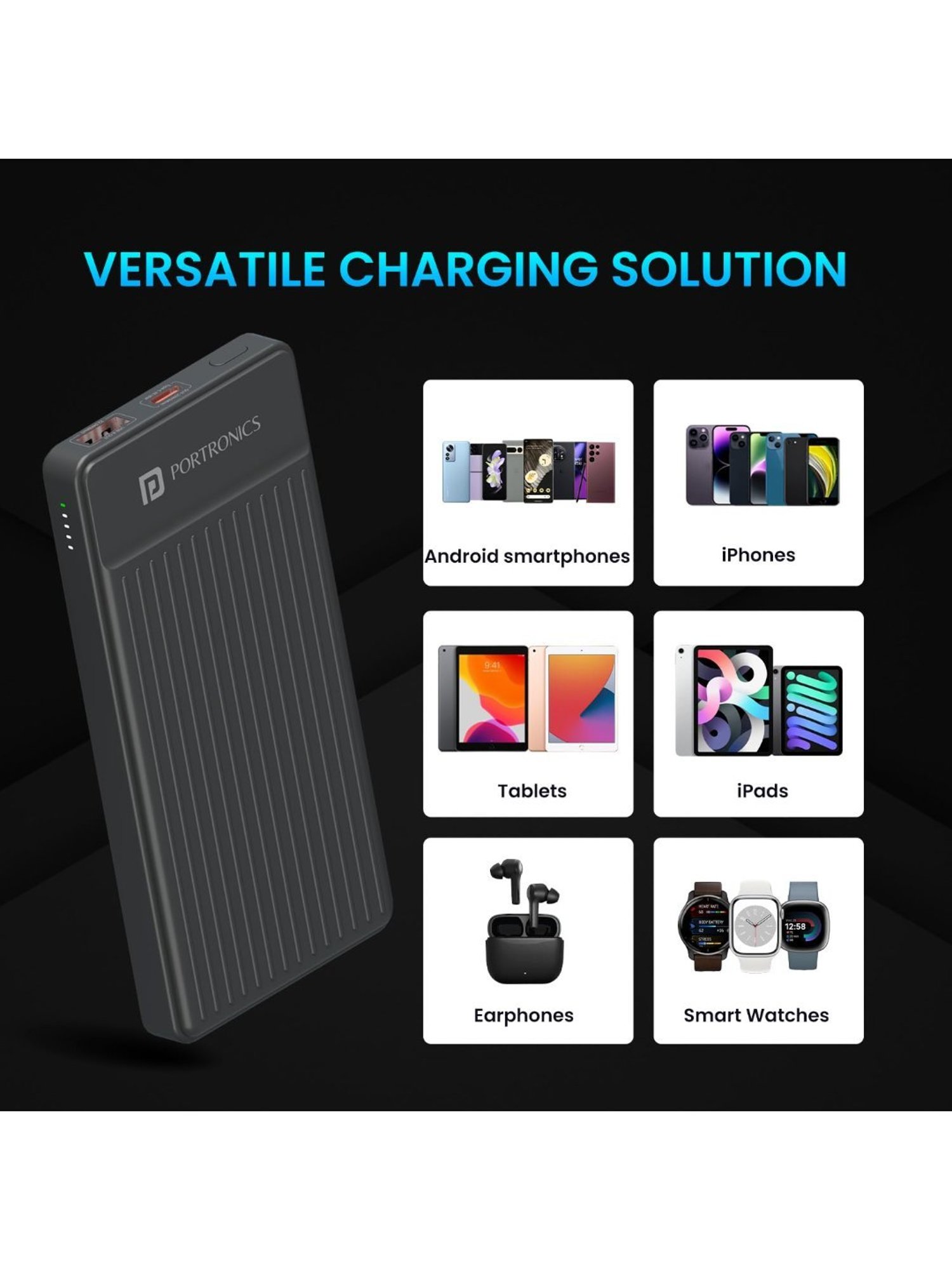Portronics Luxcell B 10000mAh Power Bank 22.5W with Fast Charging & Mach USB A Output (Dark Grey)