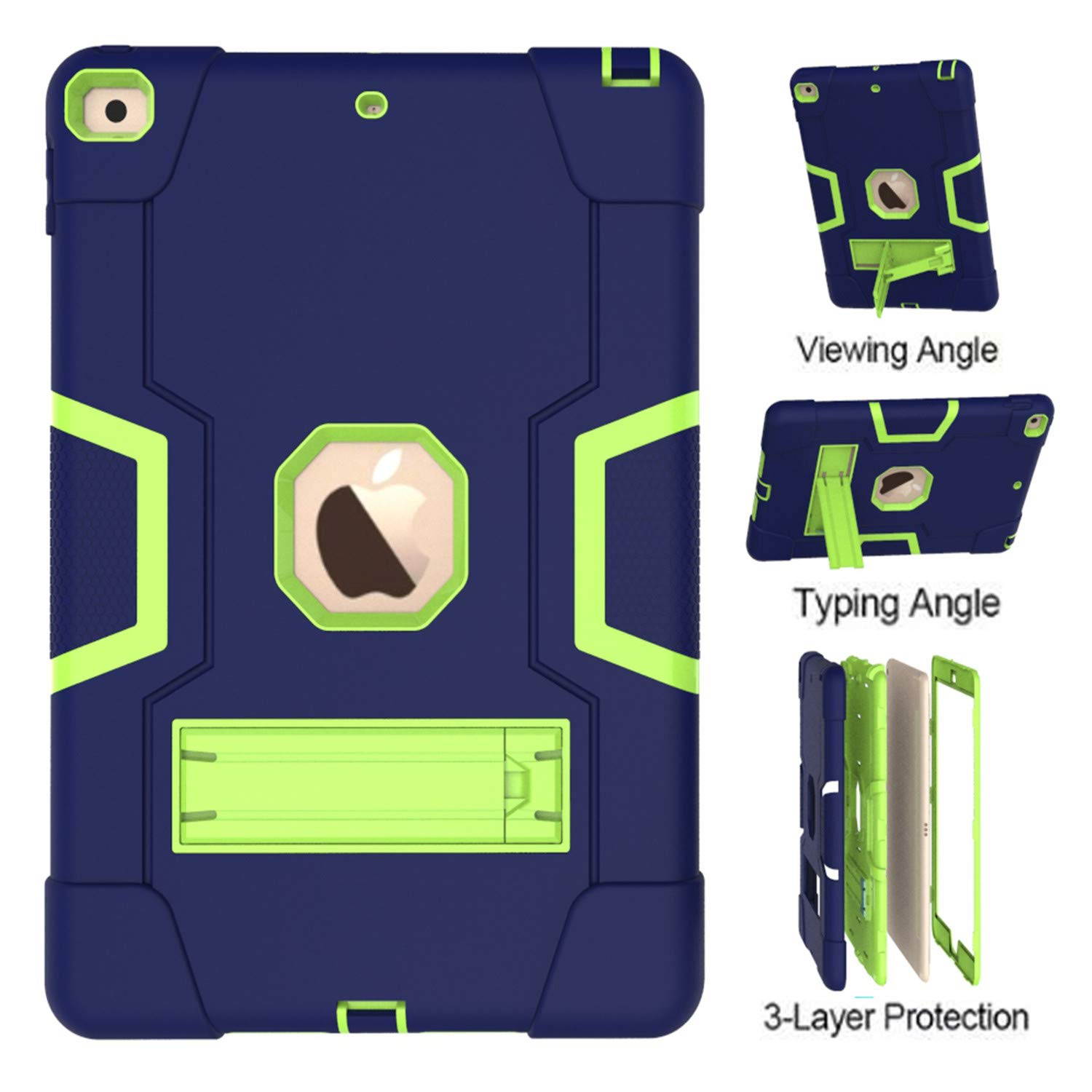 Dteck Case for New iPad 10.2" 7th Generation 2019 Release, [Kids Friendly] Three Layer Hybrid Shockproof Armor Defender Rugged Full Body Protective Cover with Kickstand, Navy Blue+Green