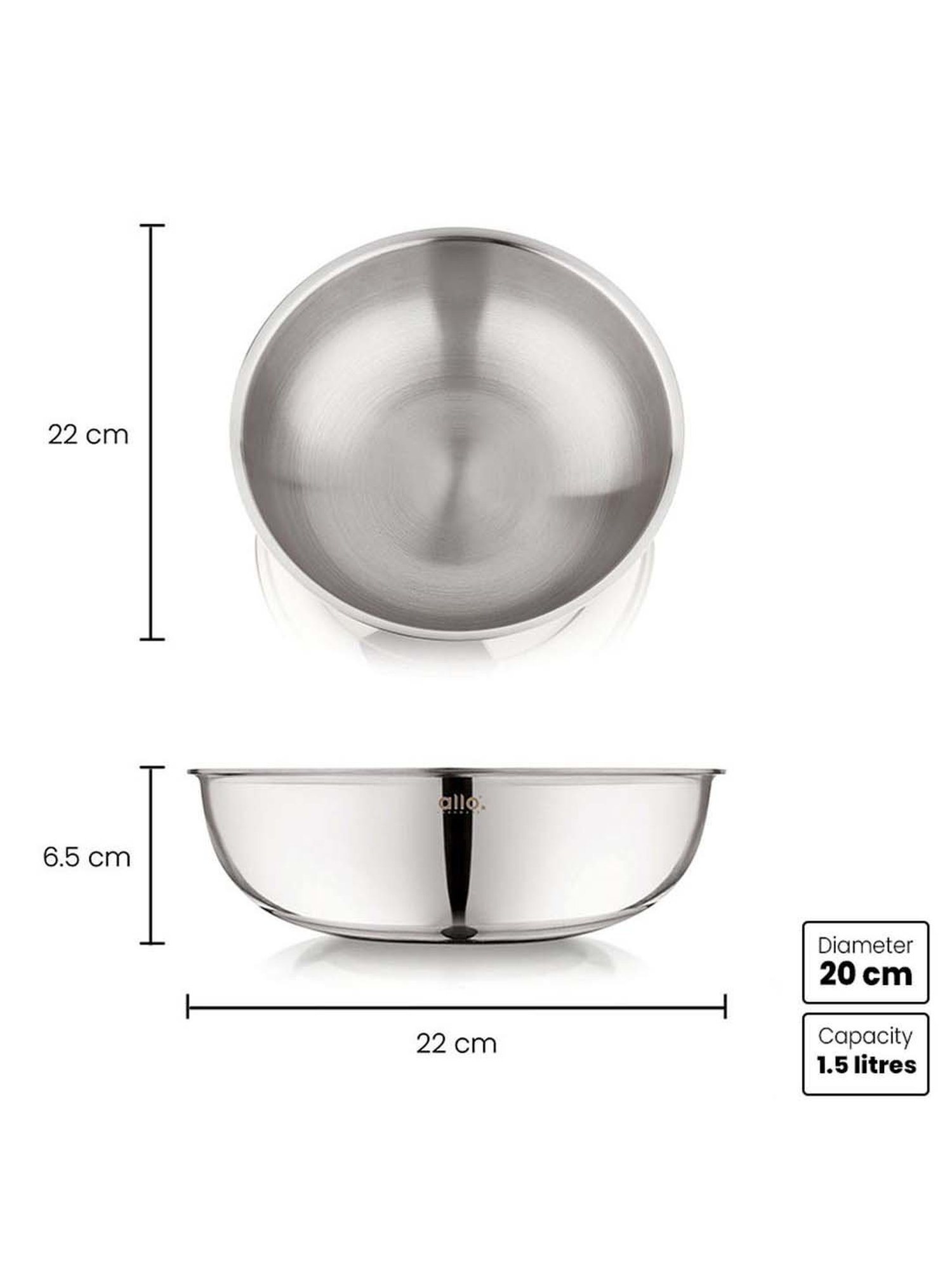 ALLO Silver Stainless Steel 20 cm Induction Friendly Triply Tasla (1.5 L)