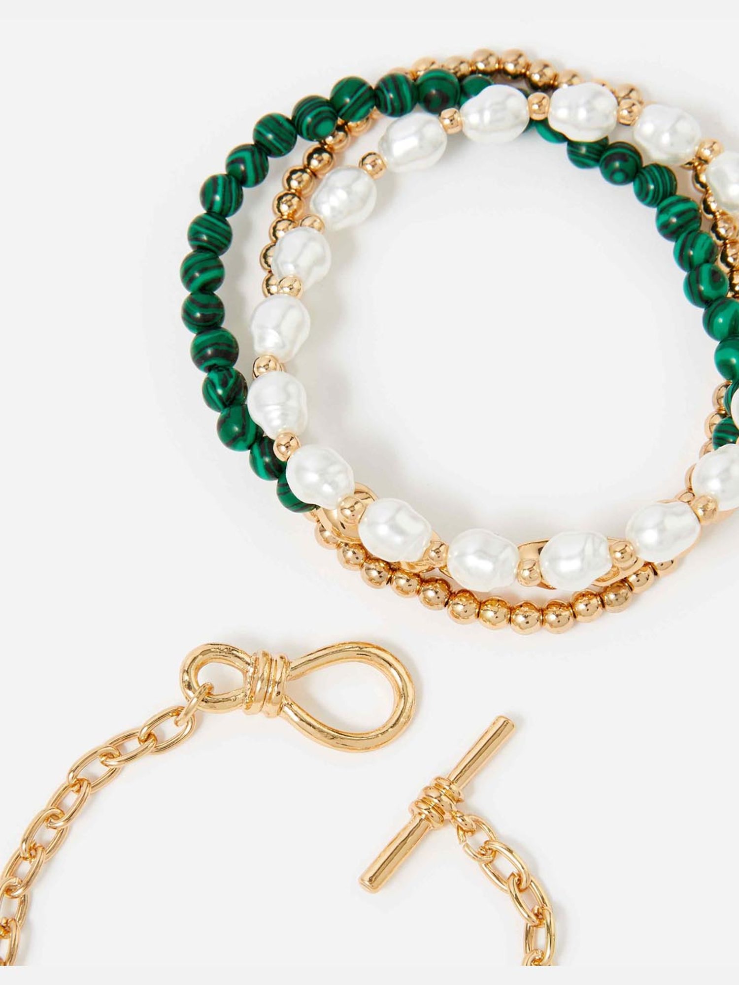 Accessorize London Reconnected Green & Pearl White Flexible Fit Bracelet (Set of 4)