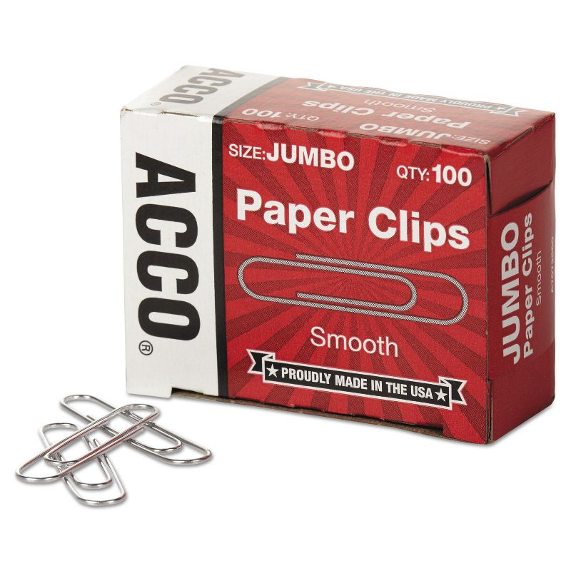ACCO Smooth Standard Paper Clip Jumbo Silver 100/Box 10 Boxes/Pack 72580