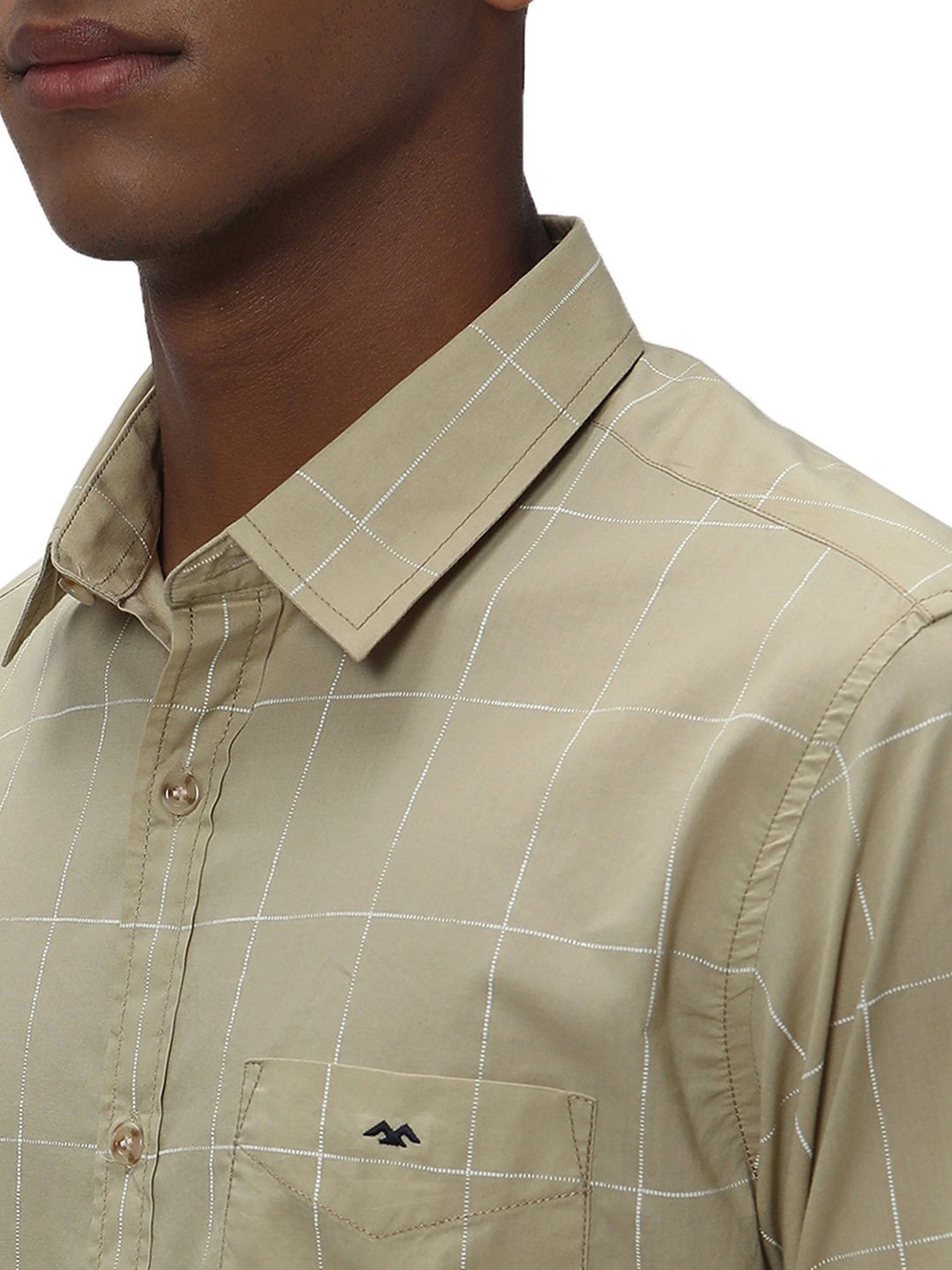 Mufti Light Khaki Slim Fit Check Cotton Shirt