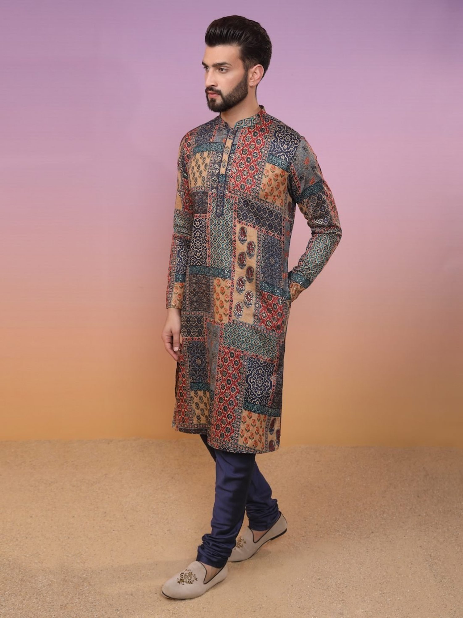 KISAH Brown & Blue Regular Fit Printed Kurta Bottom Set