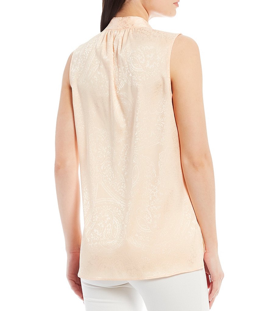 Calvin Klein Jacquard Woven Split V-Neck Button Down Shoulder Pleat Detail Sleeveless Top