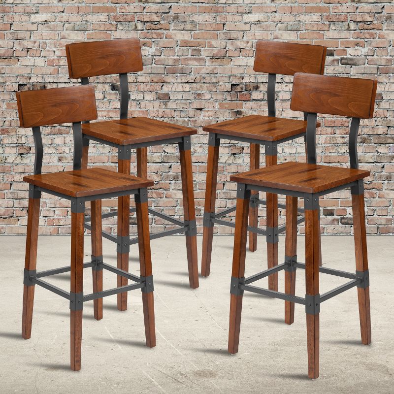 Emma and Oliver 4 Pack Commercial Grade Rustic Walnut Industrial Style Wood Dining Barstool