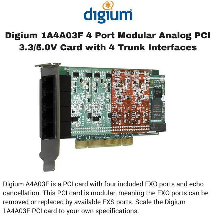 Digium 1A4A03F 4 Port Modular Analog PCI 3.3/5.0V Card with 4 Trunk Interfaces