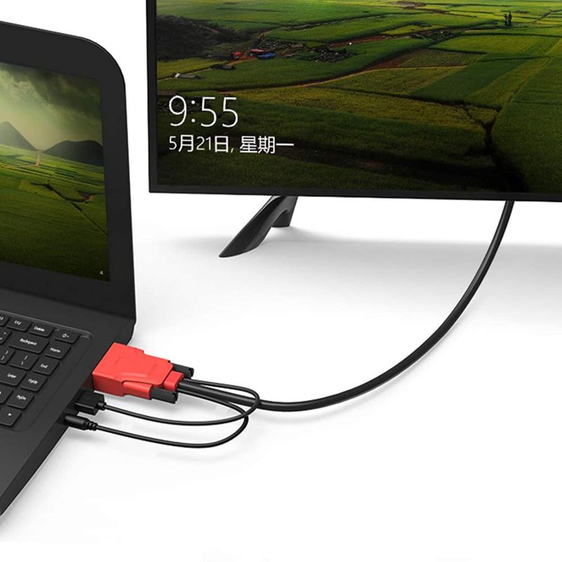 VGA to HDMI Video Adapter Converter Cable with Audio Support and USB Power Gold-Plated Active 1080P Cord for HDTV PC Laptop Projector Monitor DVD (2m / 6.6ft, VGA-> HDMI (RED))