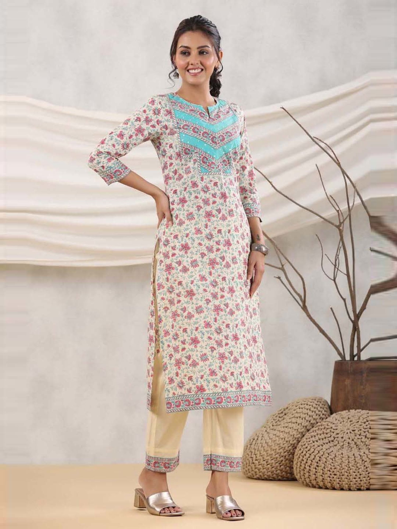 Rain and Rainbow Cream Cotton Floral Print Kurta Pant Set