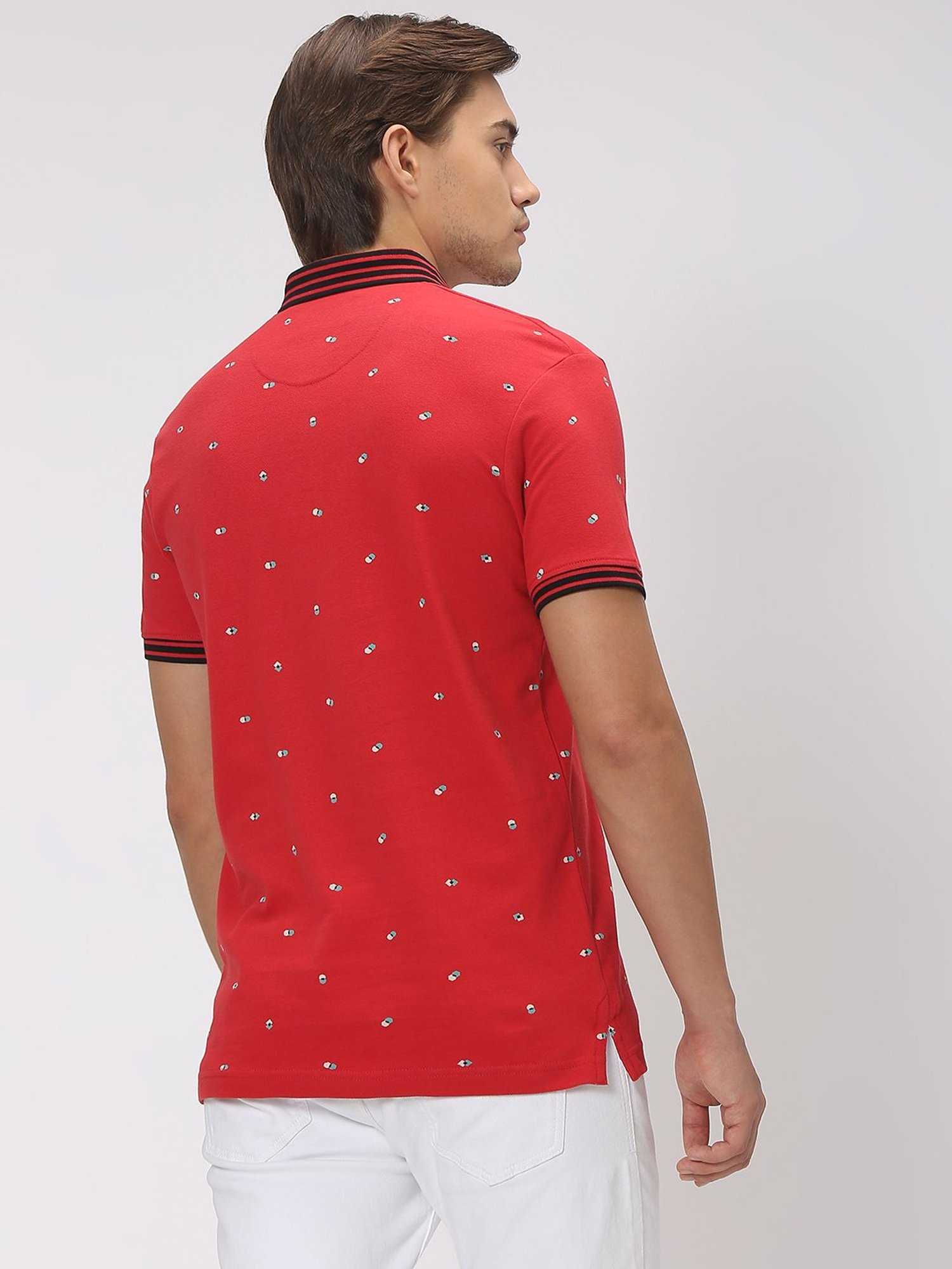 Mufti Red Slim Fit Printed Cotton Polo T-Shirt