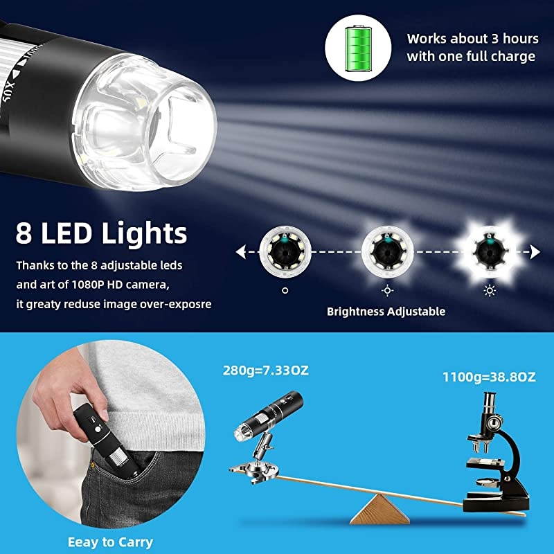 Wireless Digital Microscope 50X-1000X 1080P Handheld Portable Mini WiFi USB Microscope Camera with 8 LED Lights for iPhone/iPad/Smartphone/Tablet/PC