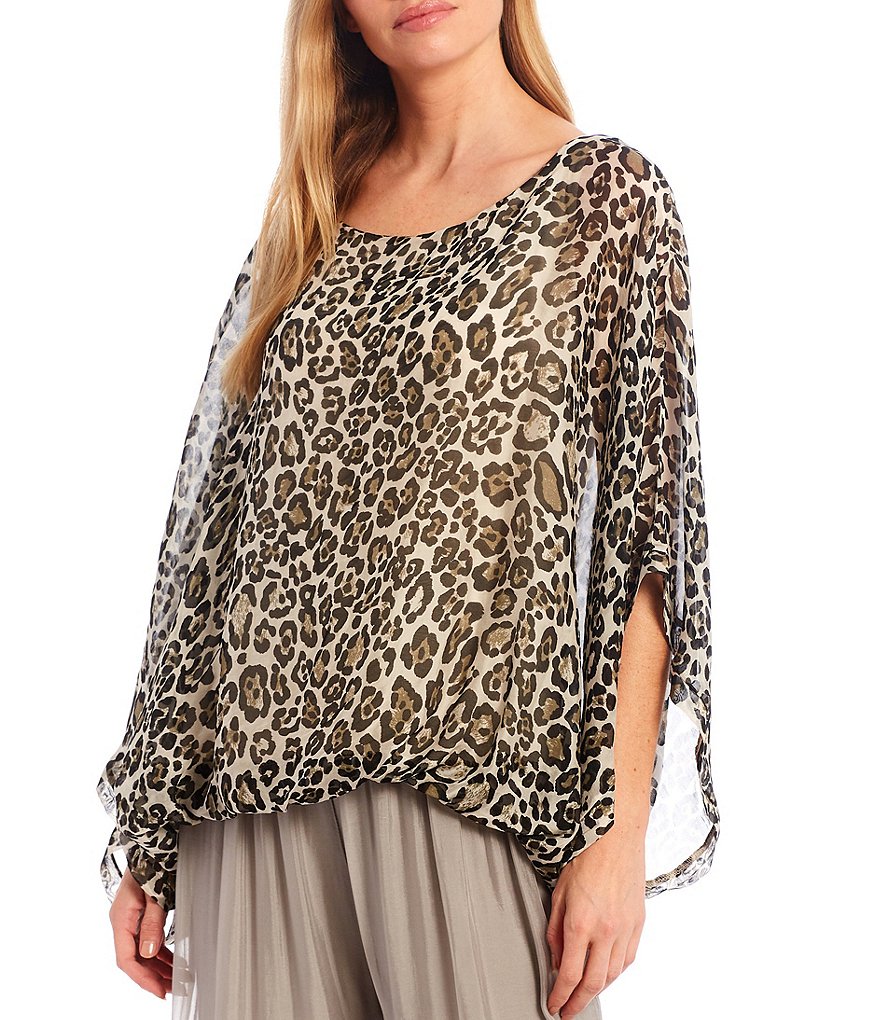 M Made in Italy Silk Blend Leopard Print 3/4 Sleeve Bubble Hem Poncho Top
