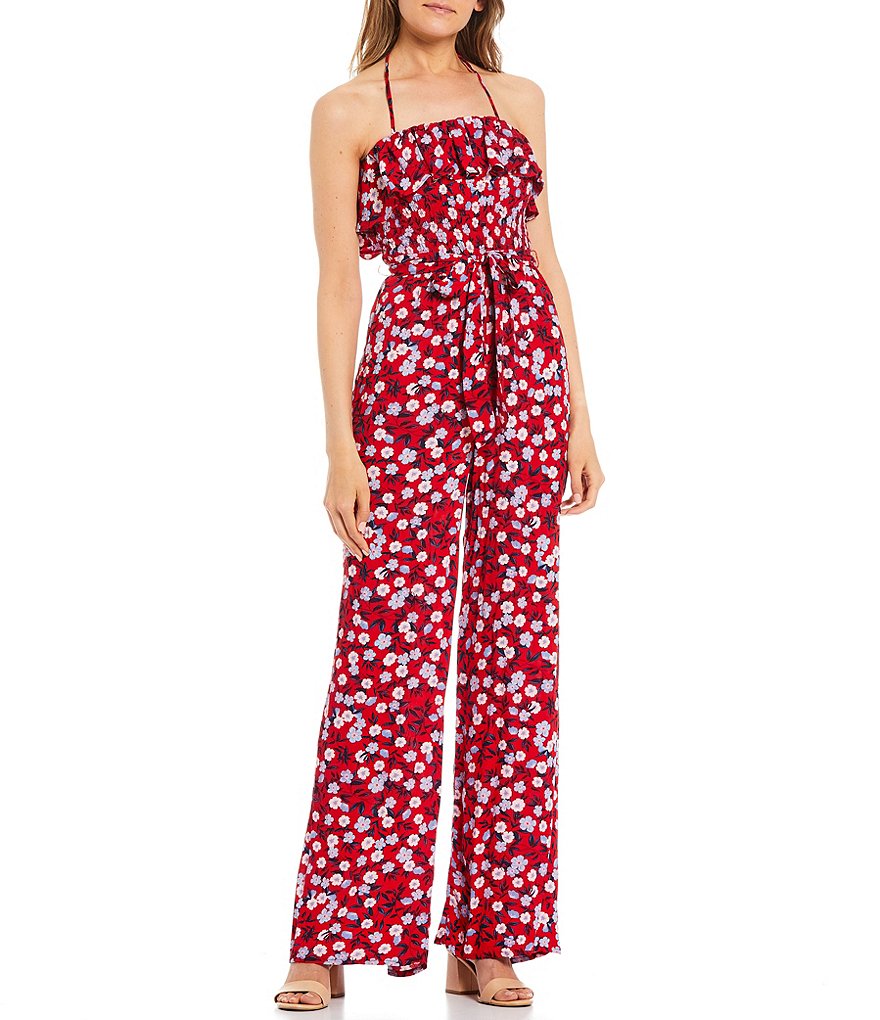 Angie Striped Strapless Smocked Bodice Ruffled Hem Jumpsuit